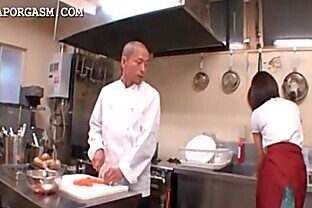 Asian waitress gets tits grabbed by her boss at work